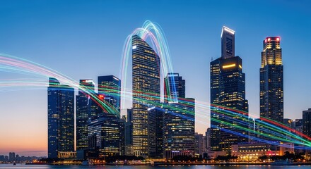 Fototapeta premium Illuminated urban skyline at dusk with radiant fiber optic paths pulsing between buildings symbolizing advanced digital connectivity and speed, speed, digital, energy