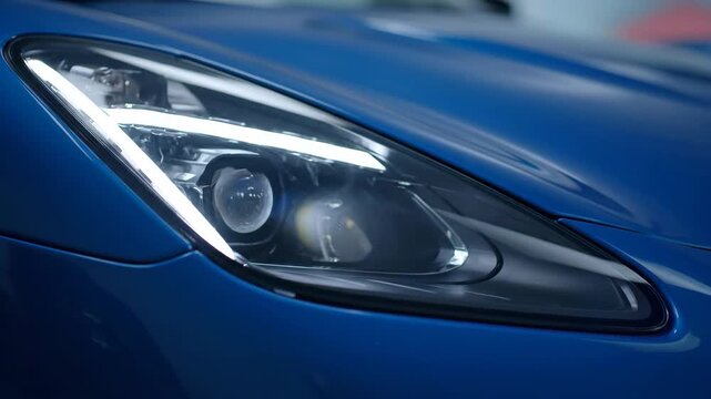 Close Up of Modern Luxury Car Headlight with Glowing LED Lights in Studio