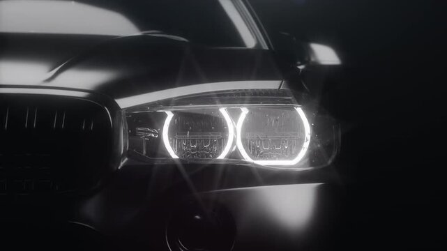 Close Up of Modern Luxury Car Headlight with Glowing LED Lights in Studio
