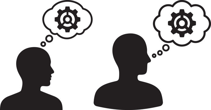Two silhouettes of heads with thought bubbles containing gears, symbolizing thinking or ideas
