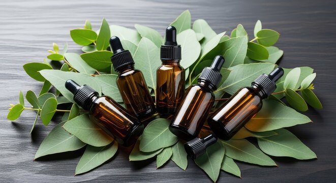Small glass amber bottles with essential oil drippers nestled among fresh green eucalyptus leaves on a textured dark wood background table, alternative, herbal, dropper