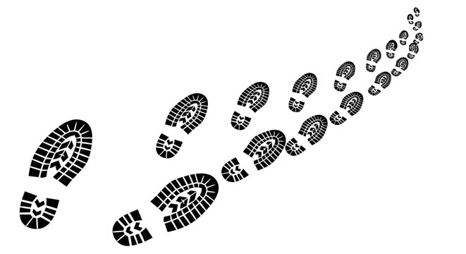 Winding black boot footprints vector illustration on white, depicting a dynamic path of continuous progression, personal journey, exploration, and the steps of discovery