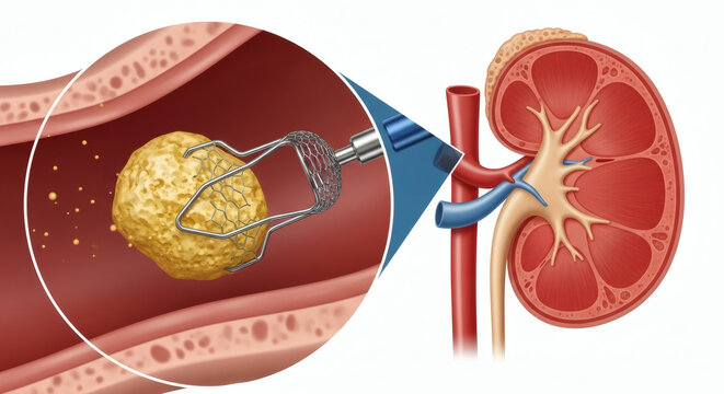 Kidney stone removal procedure with medical basket tool illustration