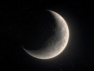 Obraz premium Bright crescent moon showing detailed craters and dusty textures floating in the dark deep outer space