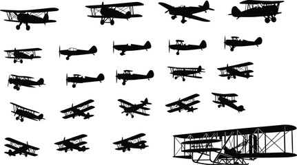 Collection of Vintage Biplane and Classic Aircraft Silhouettes Isolated on Light Background Vector Illustration Aviation Set © MdShahin