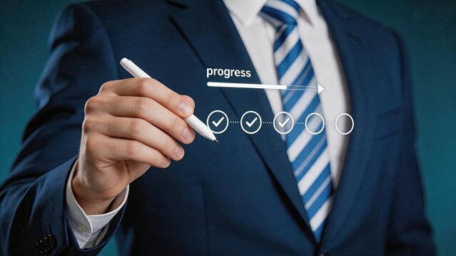 Businessman drawing progress bar with checklist, tracking project milestones and workflow steps, achievement and goal completion concept in corporate environment