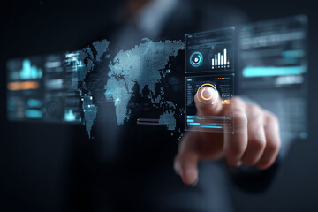 Obraz premium Global Data Analysis: A hand interacts with a futuristic holographic display showing a world map overlaid with charts and data, representing global connectivity and information access.