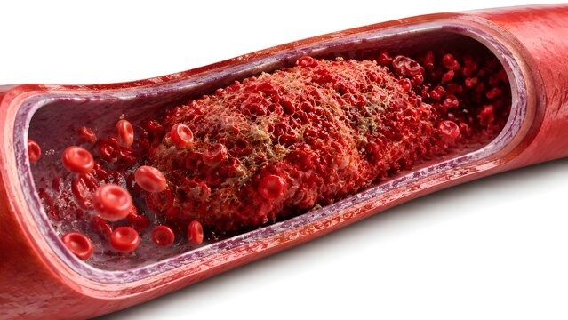 Blood Clot Inside Human Artery Medical Illustration, Highly detailed 3D medical illustration of a blood clot (thrombus) blocking blood flow inside a human artery.