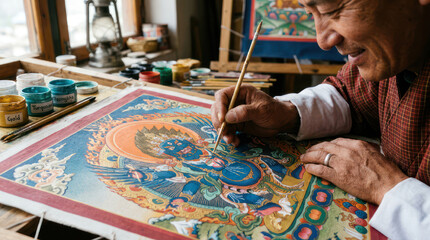 Obraz premium Artist meticulously painting intricate details on a traditional Thangka canvas.