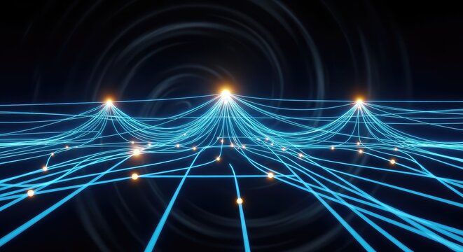Vibrant blue lines and golden nodes weave a complex web across a deep black void, illustrating high-speed internet and cloud computing tech, speed, abstract, connection