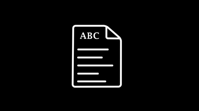 White outline icon of a document with ABC. text and lines on black background Keywords: ABC, file, document, icon, symbol, graphic, format, image, animation, digital, data, computer