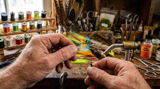 Closeup of Hands Crafting a Fishing Fly.