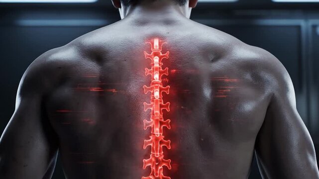 Man displays back with digital spine visuals changing colors to show health data. Location has a high-tech background with bright lights. Concept of wellness, fitness, healthcare