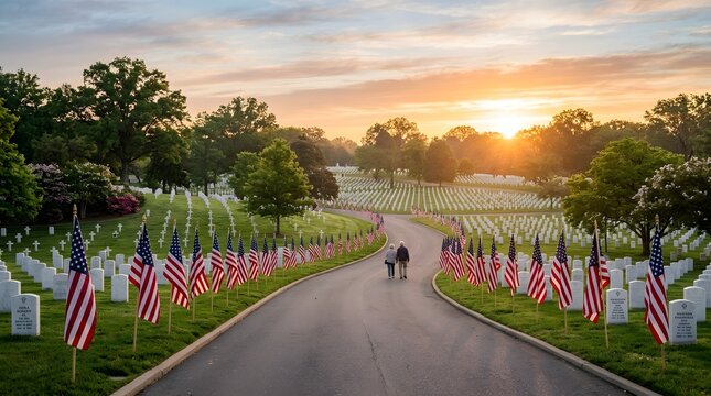 Sunset over memorial pathway lined with American flags and tombstones