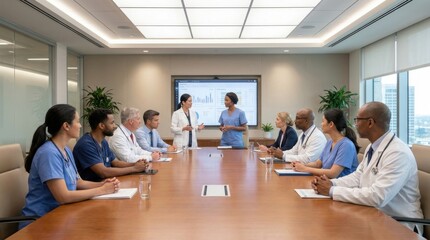 Fototapeta premium Healthcare Collaboration: Medical staff meeting and sharing insights in conference room 