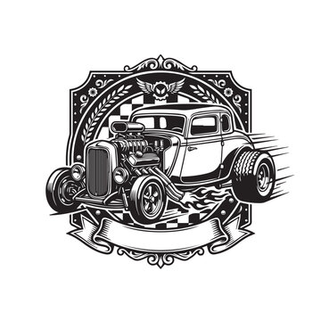 Vintage hot rod car emblem with flames and checkered flag background.