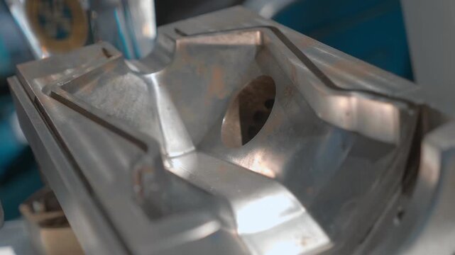 The structure inside of glass bottle blow mold. Closeup. Shot in motion