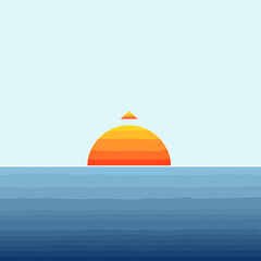 Fototapeta premium A minimalist illustration of a vibrant orange sun rising over a calm blue ocean, with a small triangular peak on top of the sun.