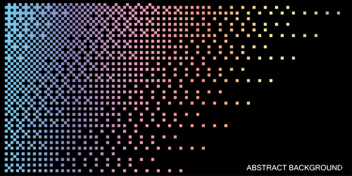 Abstract colorful pixel gradient background with dotted square patterns, digital dispersion effect and futuristic geometric style on dark background