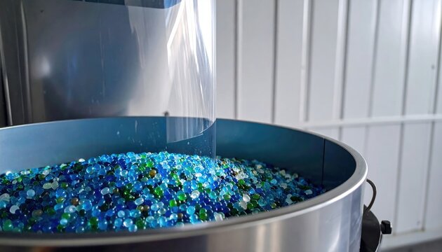 Vibrant blue and green thermoplastic resin pellets stored inside a transparent industrial glass silo, capturing the raw material processing stage in a modern manufacturing factory environment.