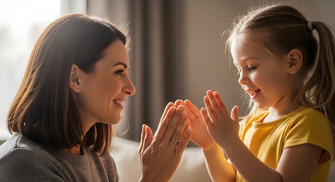 A smiling mother and young daughter playing a hand-clapping game together indoors