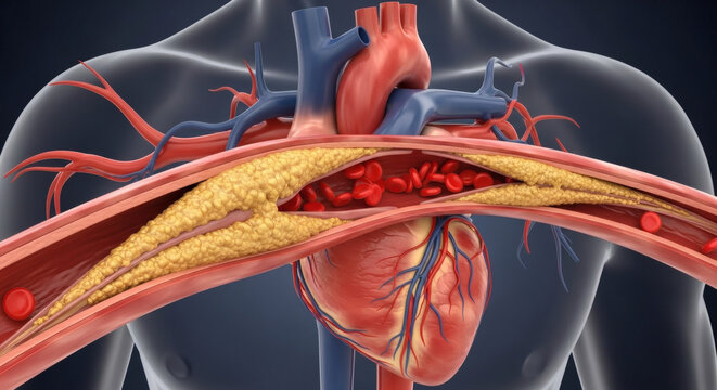 Atherosclerosis and plaque buildup in a human coronary artery