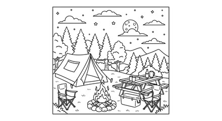 Obraz premium Camping Scene Line Art Illustration with Tent Campfire and Picnic Table in the Forest for Coloring Book