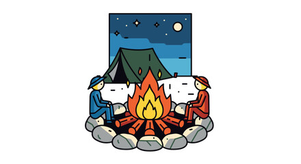 Obraz premium Camping illustration with two people around a campfire under a starry night sky, for design and marketing
