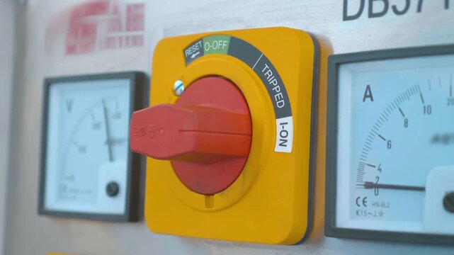 A row of square pointer ammeters, a voltmeter and red on-off switcher on industrial equipment. Closeup. Shot in motion