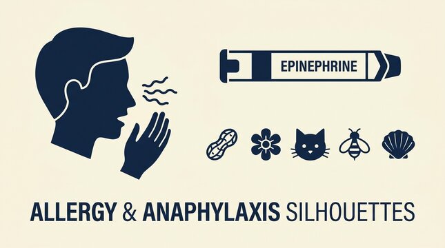 Allergy and anaphylaxis symptoms and triggers silhouette icons with food allergy