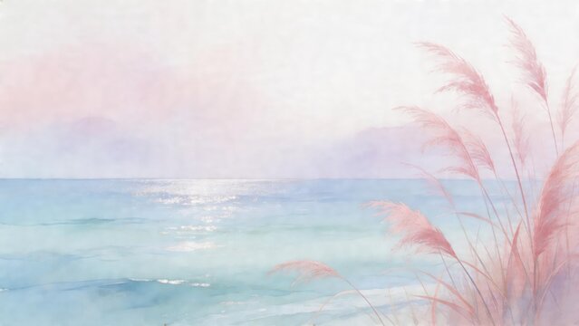 Painting of serene ocean with pink grass
