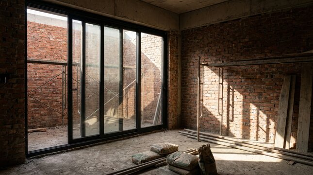 Old house renovation with large windows, light and shadow play