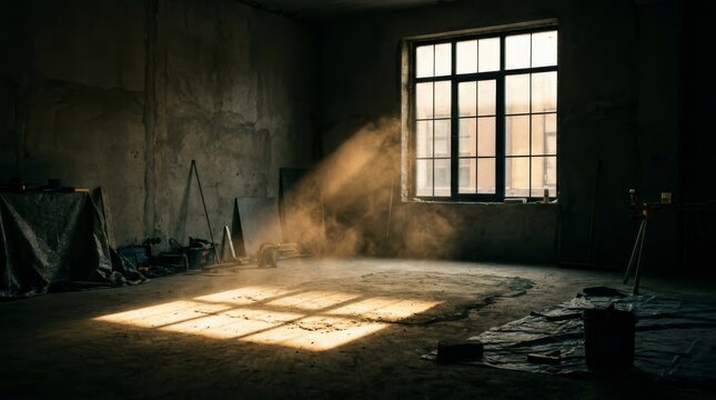 Dust motes dance in sunbeam entering old room through window