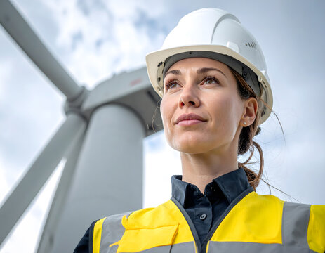 A female engineer standing confidently inside the base of a wind Wind Turbine