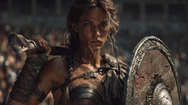 Female gladiator warrior with sword and shield standing in ancient arena crowd epic cinematic portrait