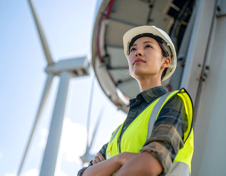 A female engineer standing confidently inside the base of a wind Wind Turbine