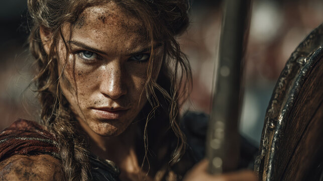 Fierce warrior woman with muddy face holding shield in epic battle dramatic cinematic portrait closeup