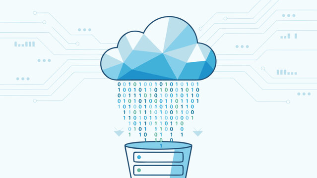 Stylized Blue Geometric Cloud Raining Binary Code into a Database Storage Bucket, Representing Cloud Computing Data Download, Big Data Management, and Digital Information Flow Vector Graphic.