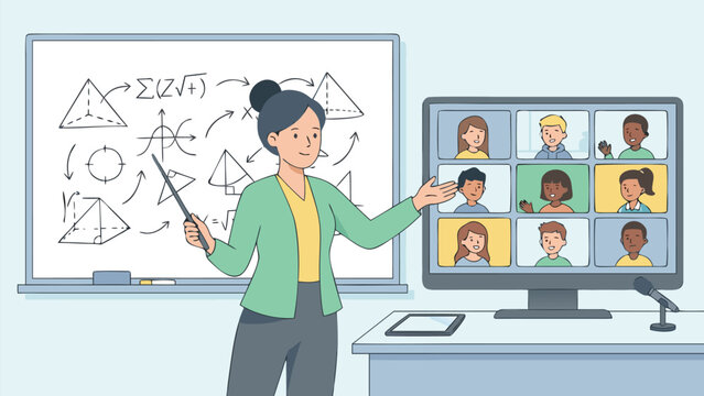Teacher Standing in Front of Whiteboard Explaining Complex Math Formulas to Students via Online Video Call, Virtual Classroom for Distance Learning, E-learning Education Concept Illustration