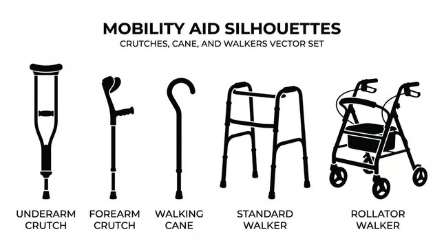 Mobility aid silhouettes including crutches cane walkers with assistive device