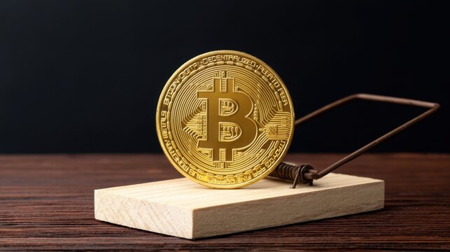 Close-up of gold coin with digital currency symbol placed on wooden mouse trap on table with dark background representing financial risk and danger concept