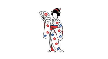 Obraz premium Geisha Woman in Kimono Holding Fan - White Background