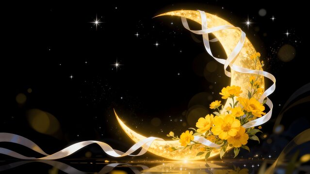 Golden crescent moon with yellow flowers