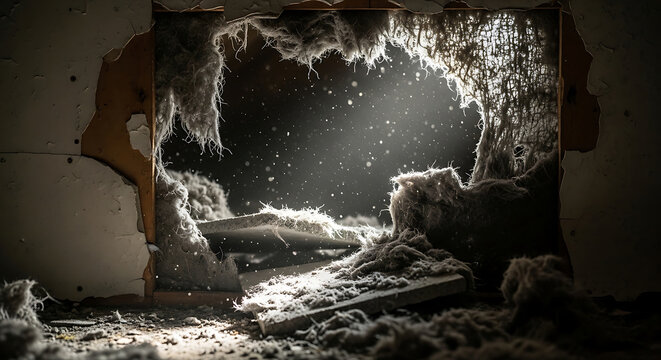 Dangerous airborne asbestos fibers and frayed mineral wool insulation inside a damaged wall cavity highlighting health hazards during home renovation and abatement
