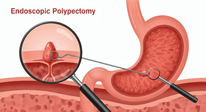 Endoscopic Polypectomy Medical Illustration for Stomach Polyp Removal