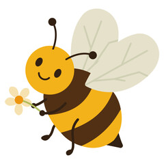 Cute Honey Bee Holding Flower Cartoon Illustration With Flying Garden Insect Character