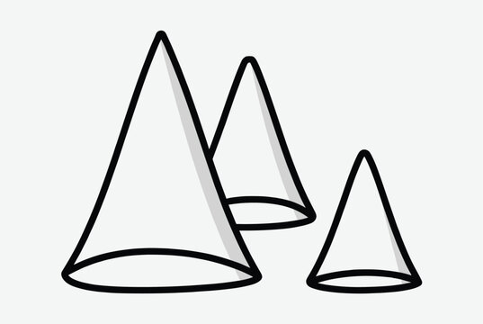 Three simple geometric cones in varying sizes arranged on a neutral background to illustrate 3d shapes and basic mathematical concepts.
