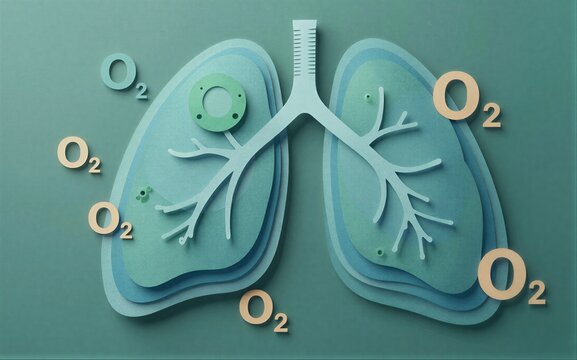 Paper-cut lungs surrounded by O2 molecules illustrating respiratory