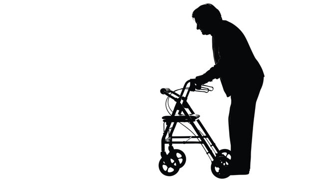 Silhouette of an elderly person walking slowly while using a mobility aid to maintain balance and stability during daily movement in this high contrast black and white studio lifestyle photograph.