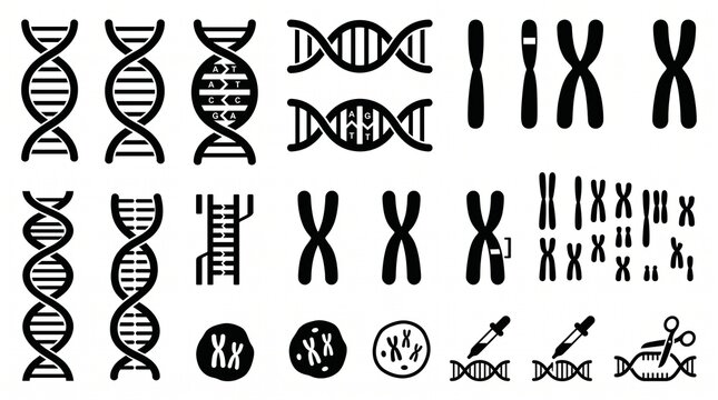 Dna and chromosome silhouettes vector set: genetic material helix structures